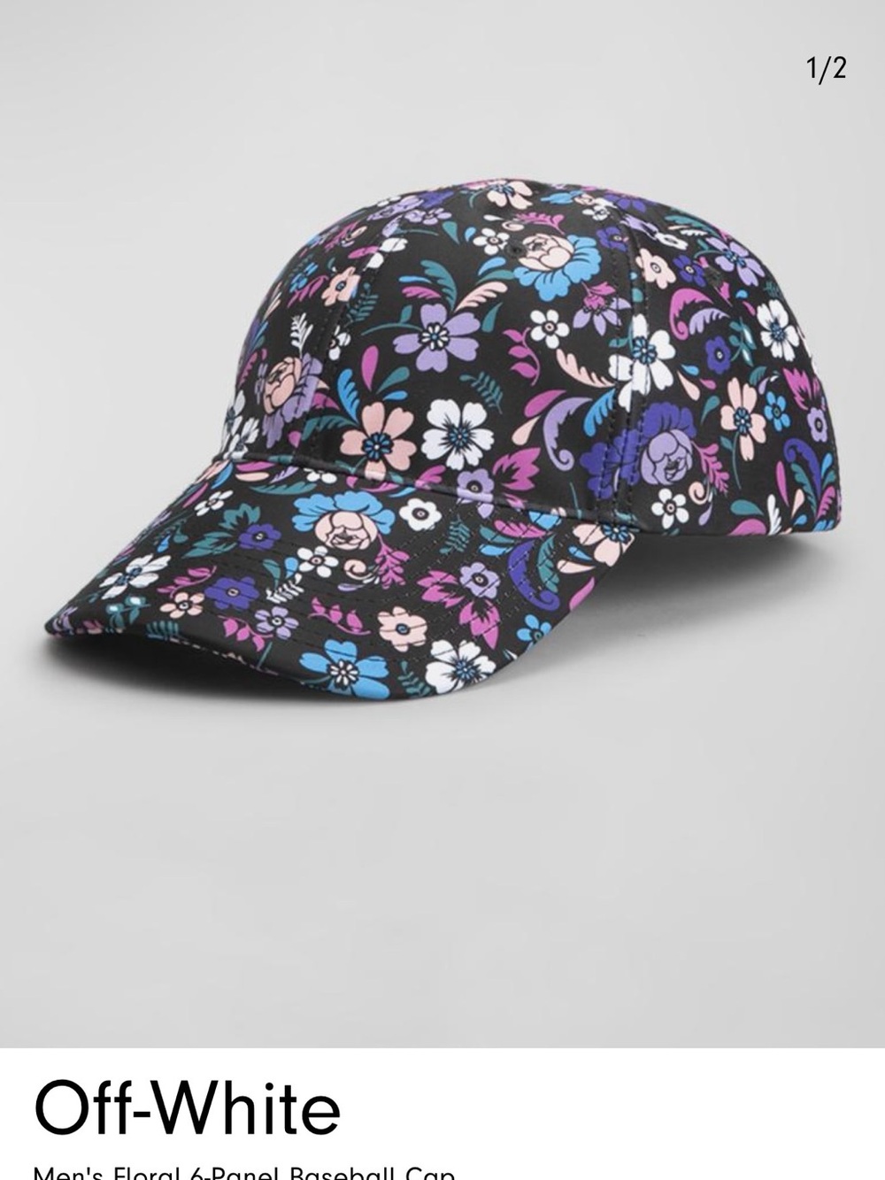 Off-White Black Floral Baseball Cap with Pink, Purple and Blue Accents
